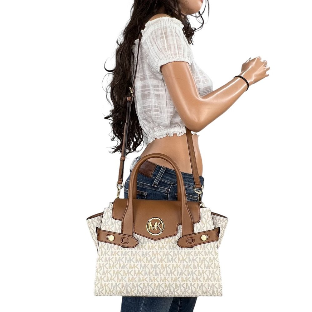Michael Kors Carmen Medium Flap Satchel Shoulder Bag MK Vanilla - Picture 3 of 10